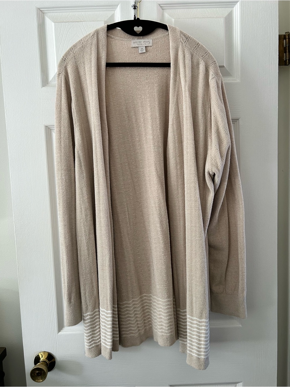 Barefoot Dreams Lightweight Open-Front Cardigan in Beige with Striped Hem